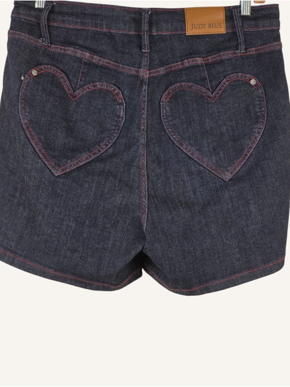 Judy Blue Heart Pocket Dark Wash High Rise Denim Shorts 1XL Red Stitch EUC